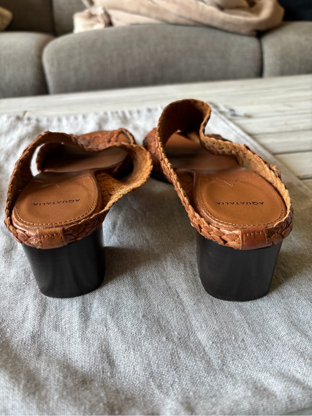 Aquatalia Brown Woven Leather Block Heel Mule Sandals 6.5 Italy - Picture 7 of 11